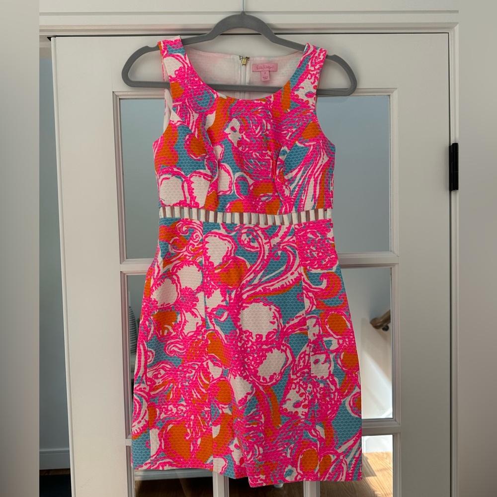 Lilly Pulitzer size 2 pink, orange, blue and white mini dress with cut outs.
